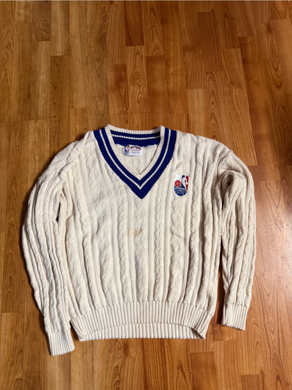 NBA Cream Cable-Knit V-Neck Sweater with Royal Blue Trim